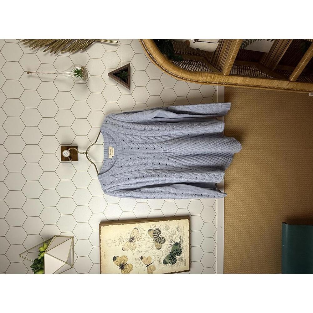 One The Land Ribbon Lace Up Blue Cable Knit Crewneck Sweater - Size - Small